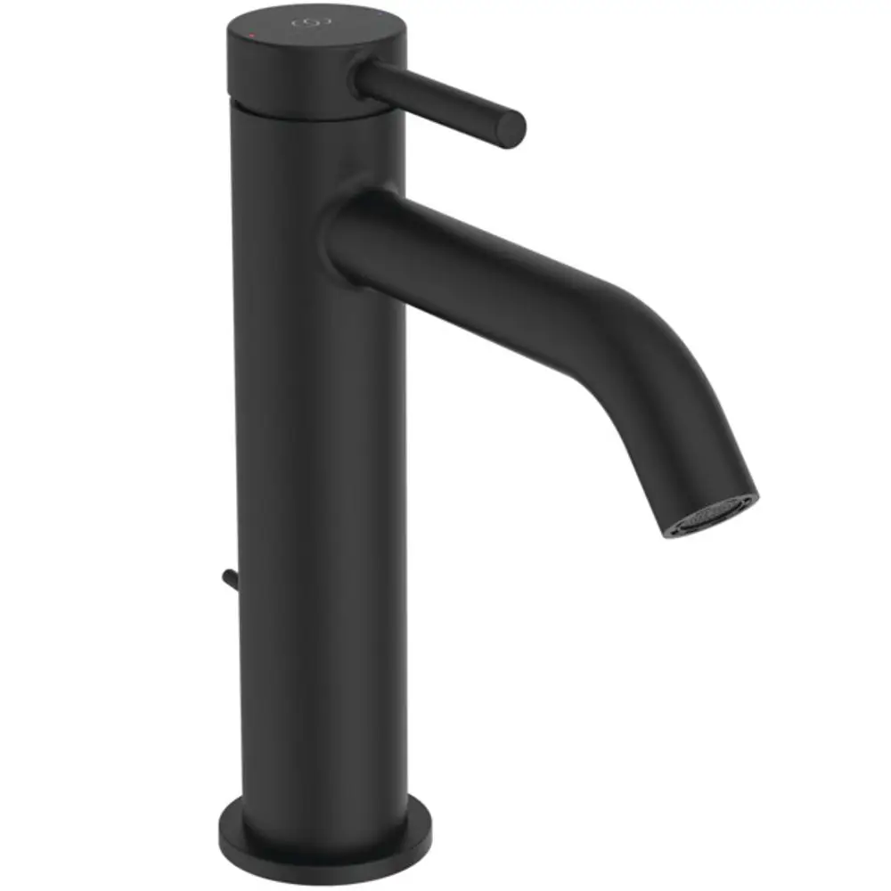 Schwarze Design-Armatur von Ideal Standard mit single-hand Bedienelement und abgerundetem Auslauf zur Wasserentnahme, geeignet für moderne Waschtische.